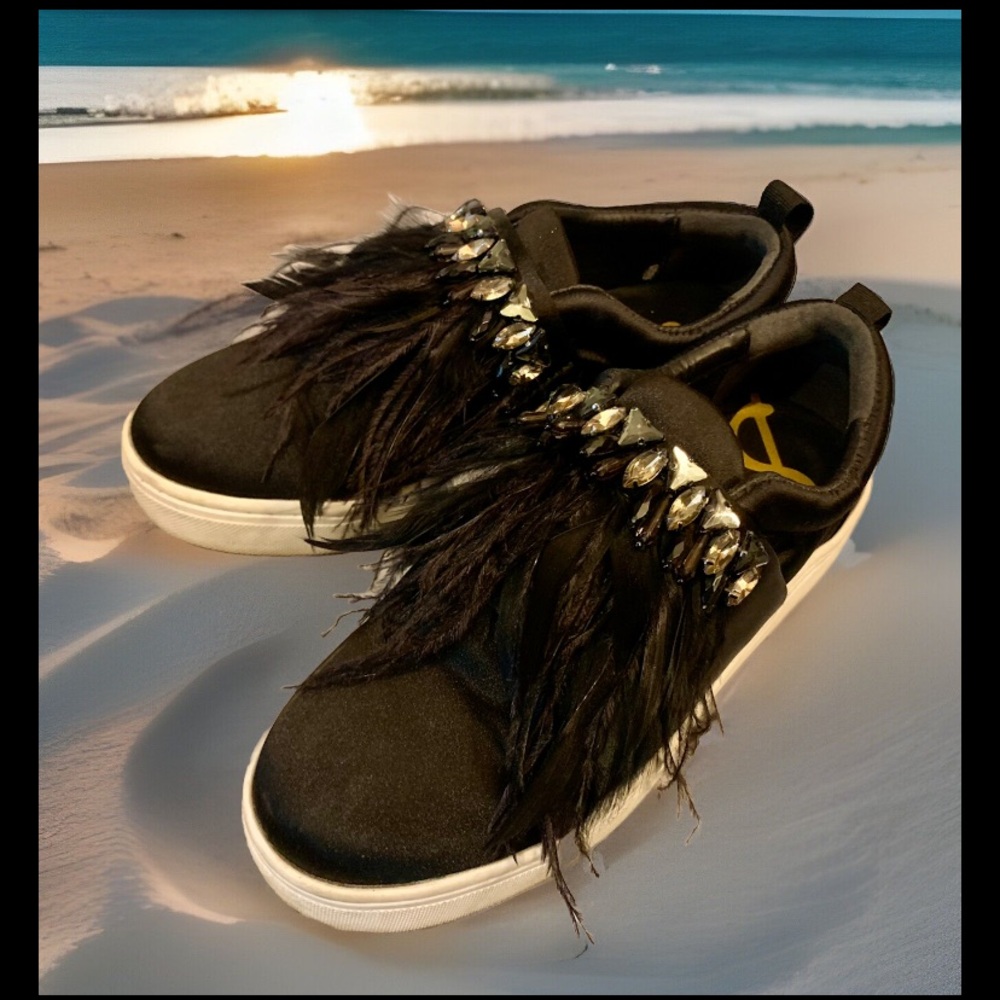Sam Edelman Leilani black satin w feathers/gems SlipOn sneakers Sz 7.5M/37.5 EU